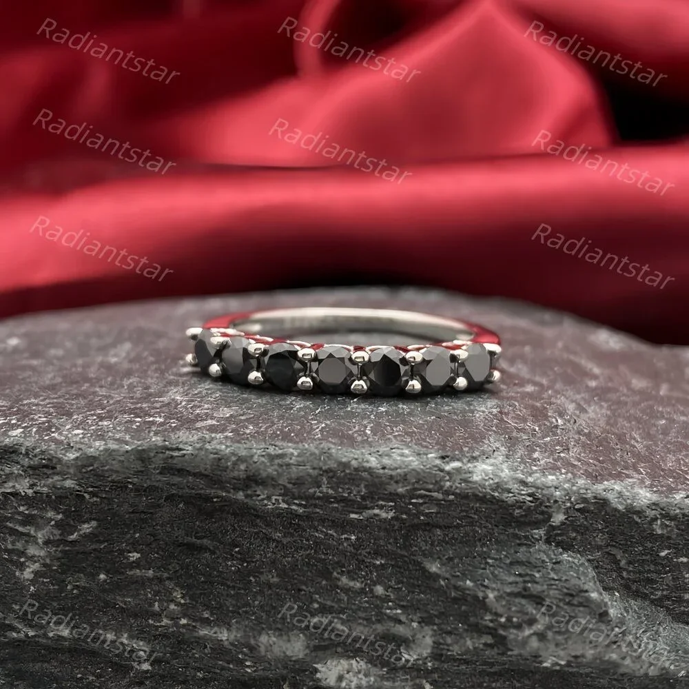 NEW Certified 3mm Black Moissanite 7 Stone Half Eternity Band Ring